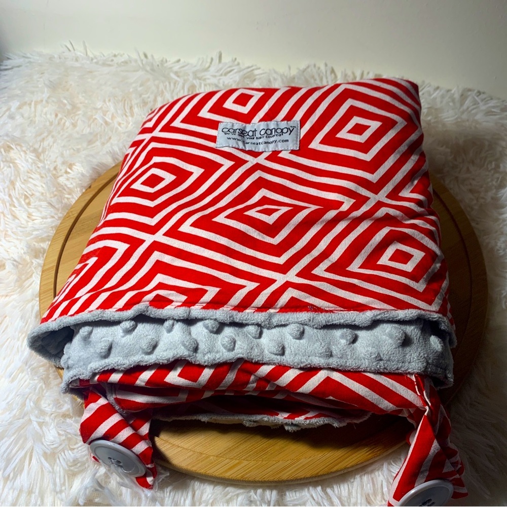 CARSEAT CANOPY Red and White Baby Minky Plush Grey Fabric Supersoft Buttons